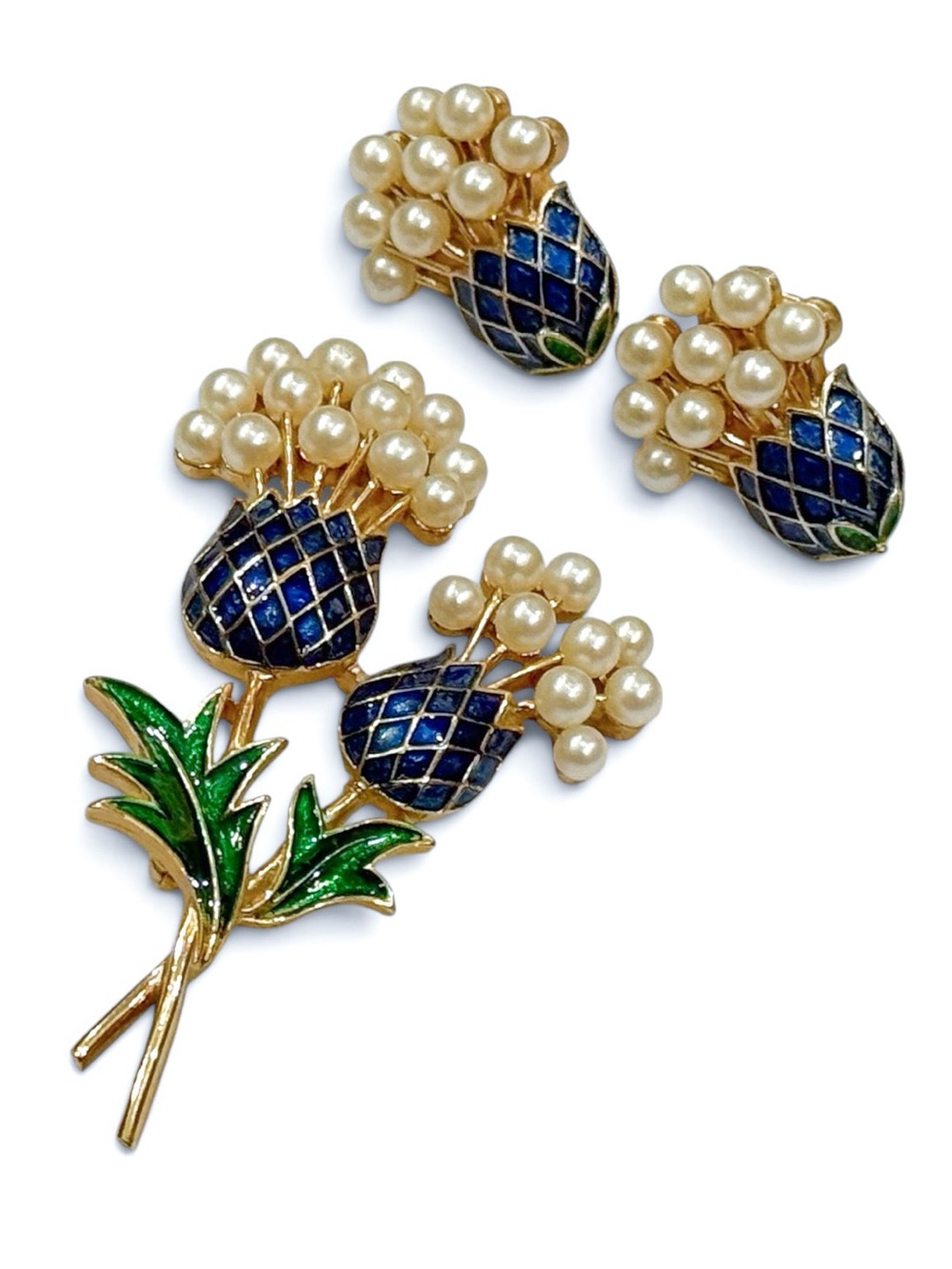 Vintage Crown Trifari Thistle Brooch & Earrings Set Faux Pearl Blue Enamel - Picture 3 of 12